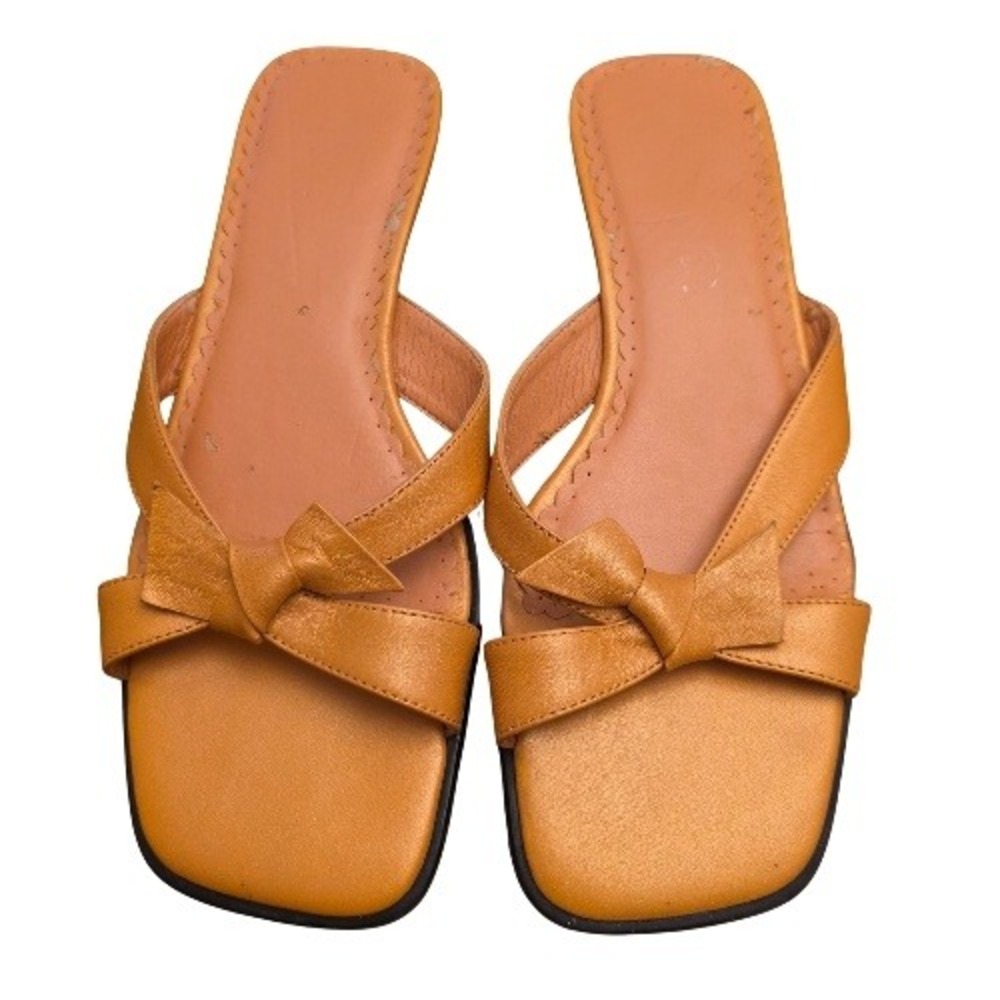 Michelle D Womens Coral Bronze Square Toe Bow Slip On Mules Sandals‎ Flats 5.5